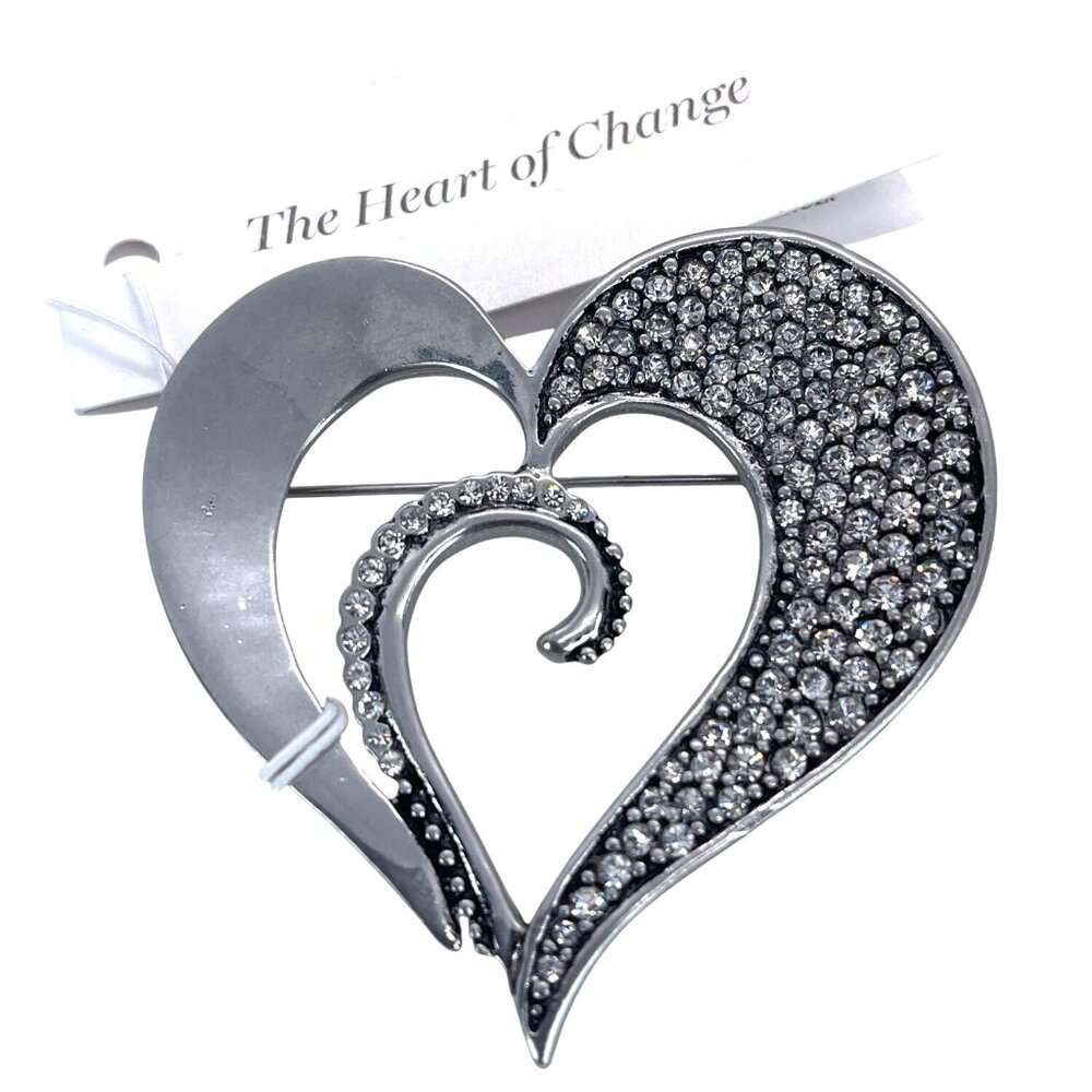 Rhinestone Heart Of Change Brooch Pin Chicos Silver-Tone Fashion Statement NWT - Picture 1 of 10